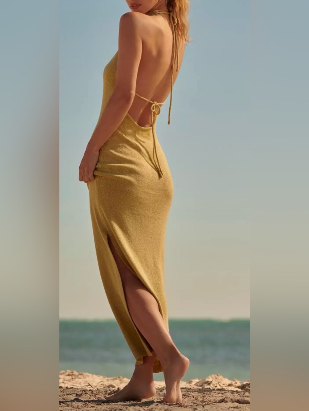 NWT Anthropologie Flat White Light Green Knit Halter Maxi Dress